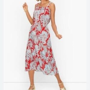 Talbots Resort Oasis Palm midi dress Fit & Flare Size 14p Spring Summer Orange